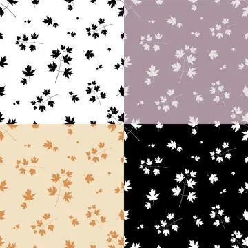 Set of seamless patterns with silhouettes of maple tree twigs and leaves. Orn イラスト素材