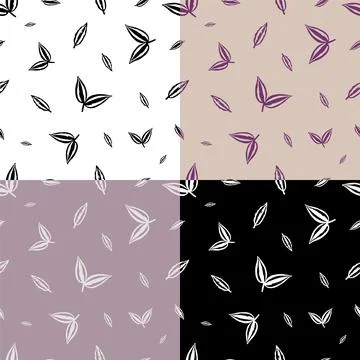 Set of seamless patterns with silhouettes thin tradescantia liana grass leave Stock Illustration