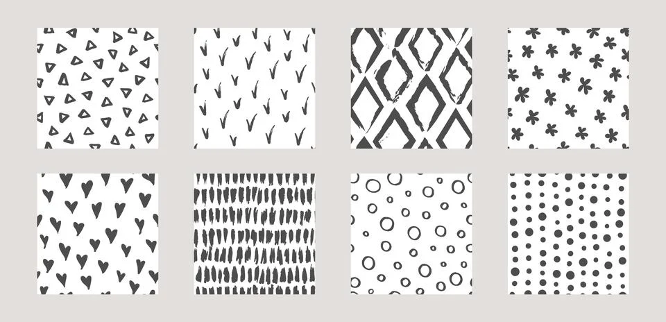 Set of seamless patterns with simple hand drawn elements. Collection of Stock Illustration