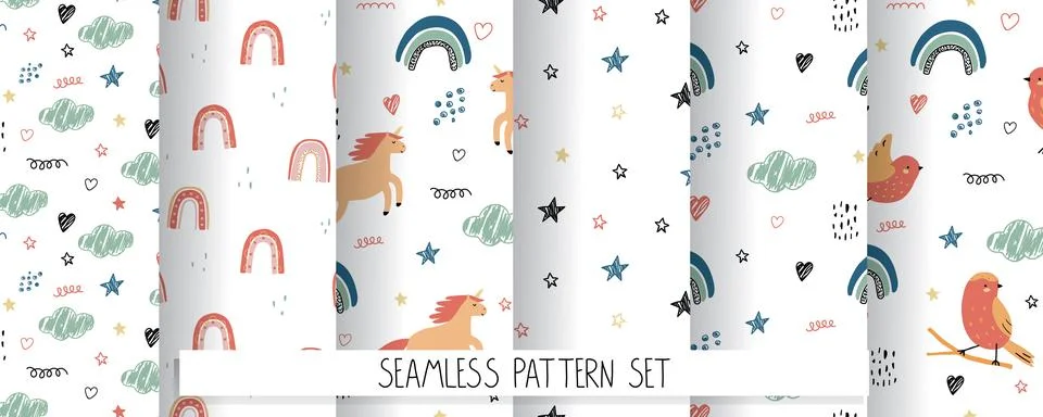 Set of seamless patterns with simple unicorn sky in doodle childish style. Image Stock Illustration