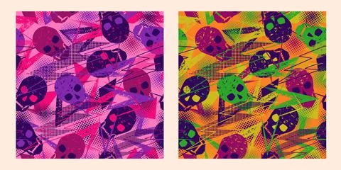 Set of seamless patterns with skulls, grunge paint brush strokes, lightnings Stock Illustration