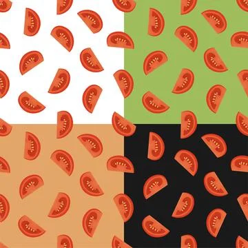 Set of seamless patterns with sliced tomato. Tomato wedges and slices for sal Stock Illustration