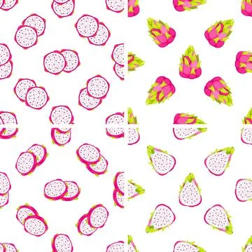 Set of seamless patterns with slices and whole pitahaya fruits on white Stock Illustration