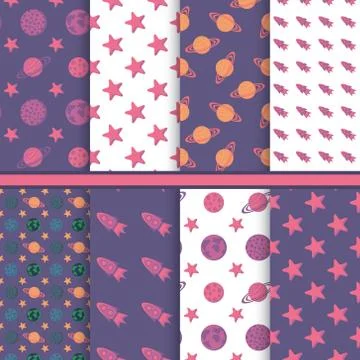 Set of seamless patterns with space, planets, stars Stock Illustration