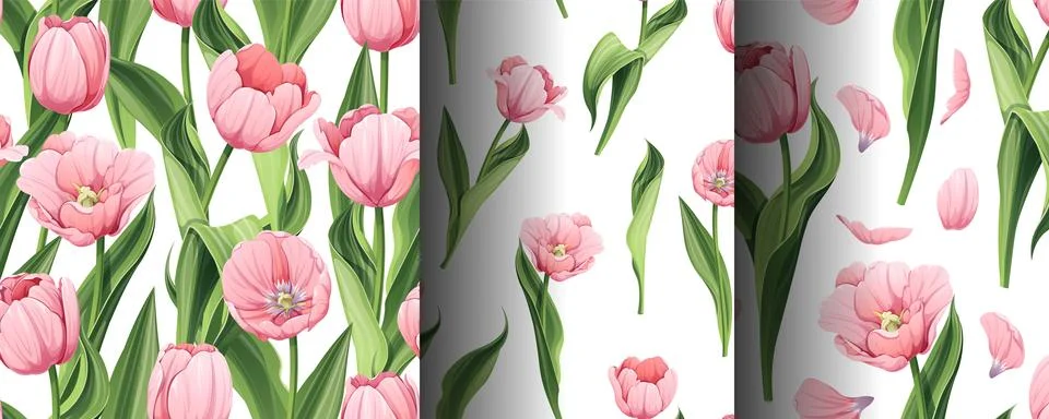 Set of Seamless patterns with spring flowers. Texture with pink tulips and pe Stock Illustration
