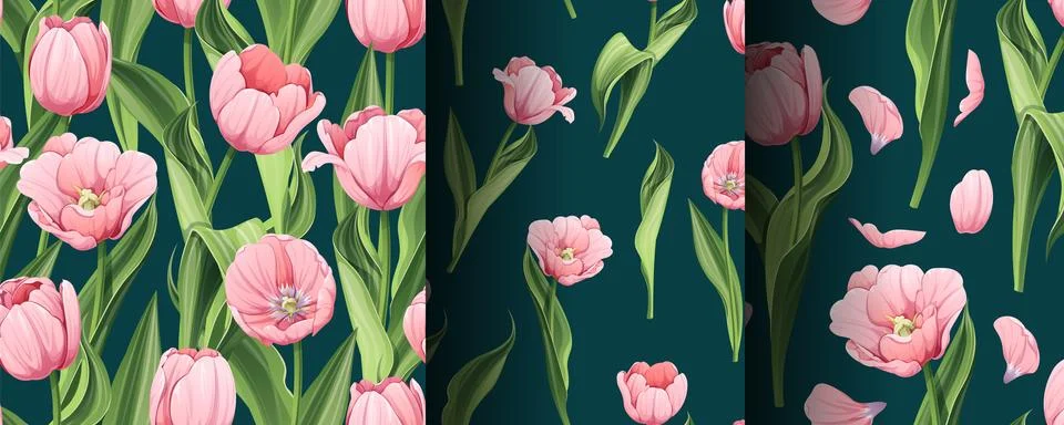 Set of Seamless patterns with spring flowers. Texture with pink tulips and pe Stock Illustration