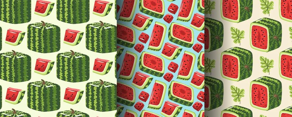 Set Of Seamless Patterns With Square Watermelon In Flat Style. Repeating Su.. Stockillustratie