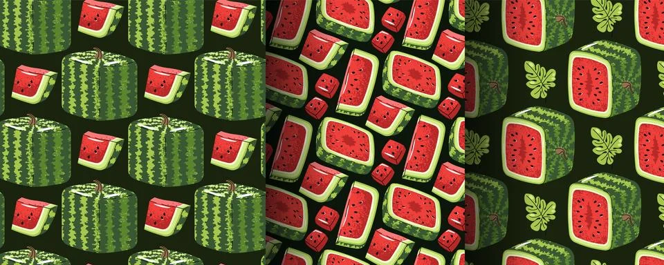 Set Of Seamless Patterns With Square Watermelon In Flat Style. Repeating Summ Stockillustratie