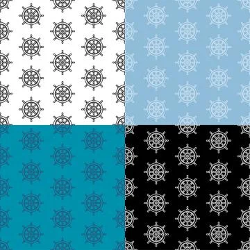 Set of seamless patterns with Steering wheel ship icon, fishing boat. Ornament Stock Illustration