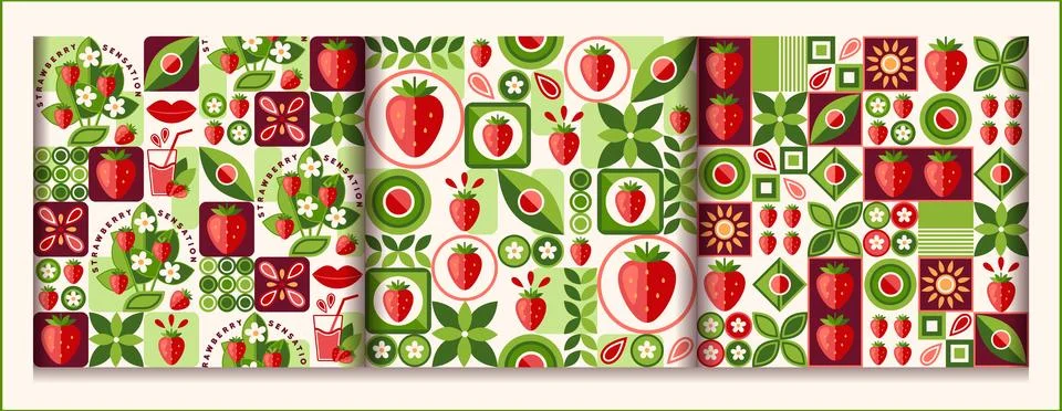 Set of seamless patterns with strawberry and abstract geometric shapes. Illustrazione stock