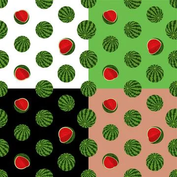 Set of seamless patterns with striped ripe watermelon. Autumn harvest of wate Stock Illustration