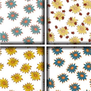 Set of seamless patterns with sunflowers. Vector illustration. Hand drawing. Illustrazione stock