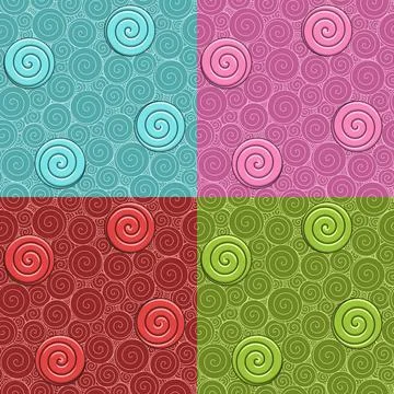 Set of seamless patterns with swirls and candies. Stock Illustration