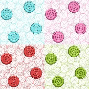 Set of seamless patterns with swirls and candies. Stock Illustration