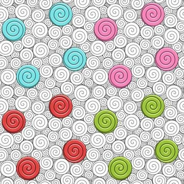 Set of seamless patterns with swirls and candies Stock Illustration