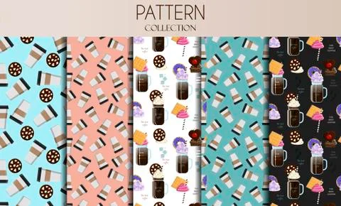 A set of seamless patterns with takeaway coffee cups and glass latte mugs Stock Illustration