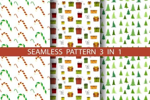 Set of seamless patterns in the theme of Christmas. Pattern with gift boxes Stock Illustration