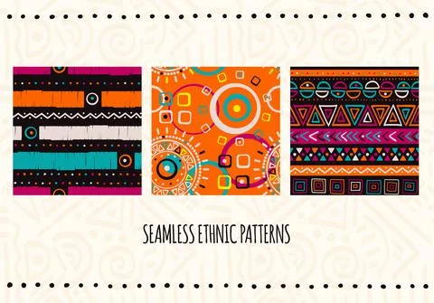 Set of seamless patterns with tribal ornaments Stock Illustration