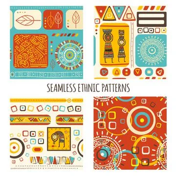 Set of seamless patterns with tribal ornaments of red, yellow, blue and brown Stock Illustration
