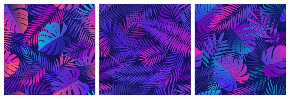 Set of seamless patterns with tropical exotic leaves and plants, vector set i Illustrazione stock