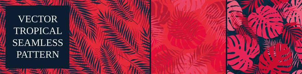 Set of seamless patterns with tropical exotic leaves and plants, vector botan Stock Illustration