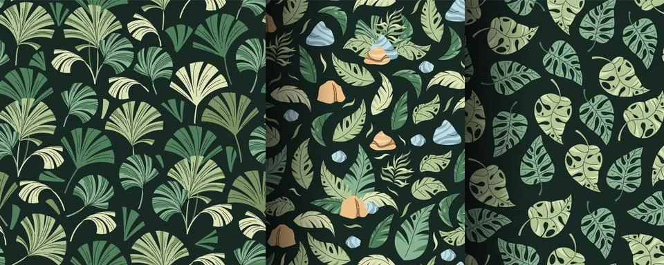 Set of Seamless Patterns with Tropical Leaves in Flat Style. Endless Textur.. Stock Illustration