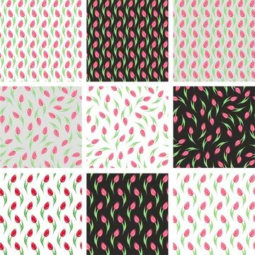Set of seamless patterns with tulip flowers. Stock Illustration