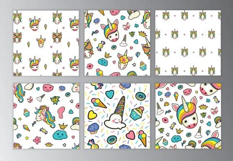 Set seamless patterns with unicorn face and decorative elements Stock Illustration