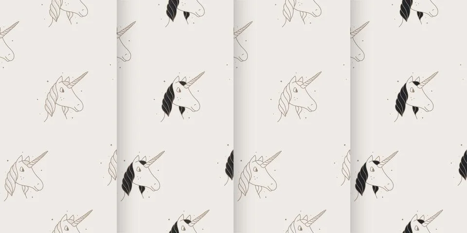 Set of seamless patterns of unicorns in the Victorian style. Stock Illustration