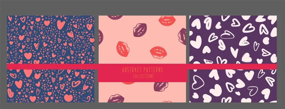 Set of seamless patterns valentines background with lips, doodle white hearts Stock Illustration