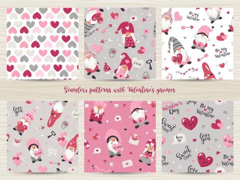 Set of seamless patterns with Valentine's Day gnomes Stock Illustration