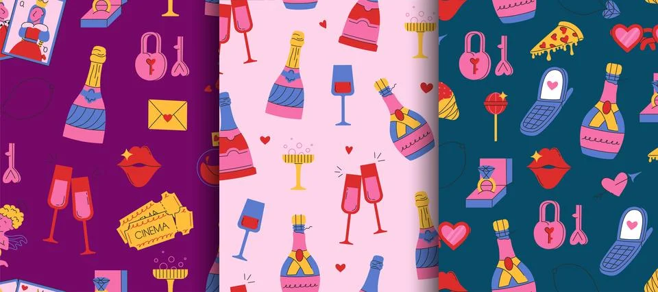 Set of seamless patterns to Valentine's day. Cute doodle illustrations. Gro.. Stock Illustration