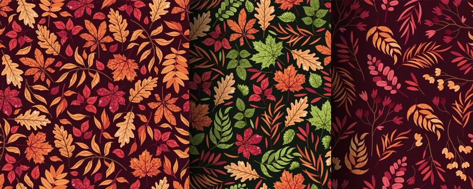 Set of Seamless Patterns with Various Autumn Leaves. Background wth Oak, Ma.. Stock Illustration