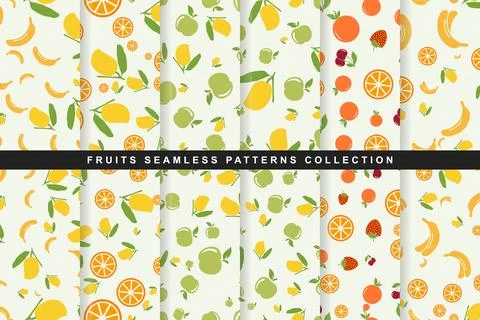 Set of seamless patterns with various fruits isolated on white background Illustrazione stock