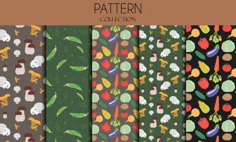 A set of seamless patterns with vegetables. Flat illustration design with peas Stock Illustration