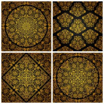 Set of seamless patterns with vintage floral ornament Stock Illustration