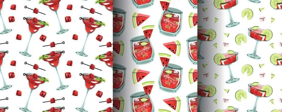 Set of Seamless Patterns with Watermelon Drinks, Lime and Ice Cubes in Flat.. Stock Illustration