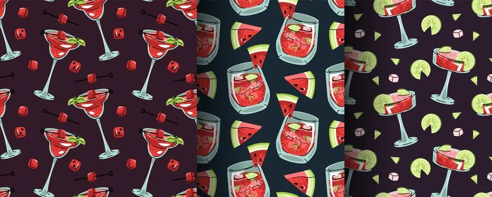 Set of Seamless Patterns with Watermelon Drinks, Lime and Ice Cubes in Flat.. Illustrazione stock