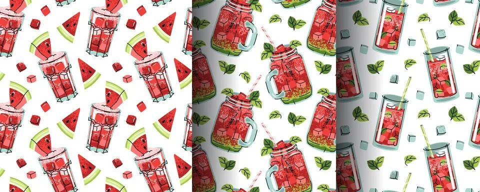 Set of Seamless Patterns with Watermelon Drinks, Mint and Ice Cubes in Flat.. Stock Illustration