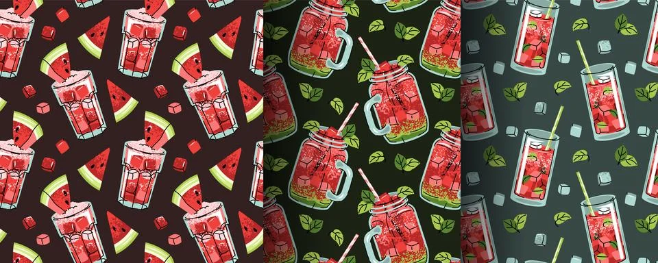 Set of Seamless Patterns with Watermelon Drinks, Mint and Ice Cubes in Flat.. Stock Illustration