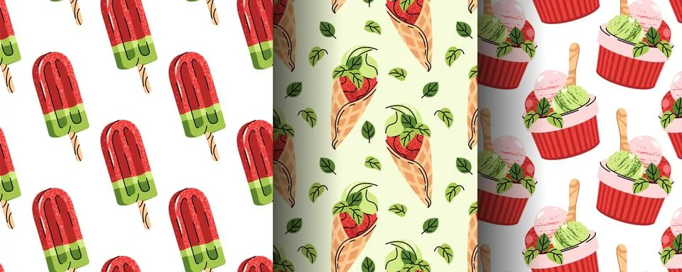 Set of Seamless Patterns with Watermelon Ice Cream, Sorbet and Summer Treat.. Stock Illustration