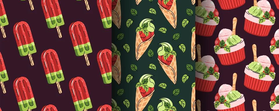 Set of Seamless Patterns with Watermelon Ice Cream, Sorbet and Summer Treat.. Stock Illustration