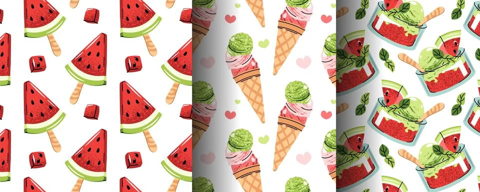 Set of Seamless Patterns with Watermelon Ice Cream, Sorbet and Summer Treat.. Stock Illustration