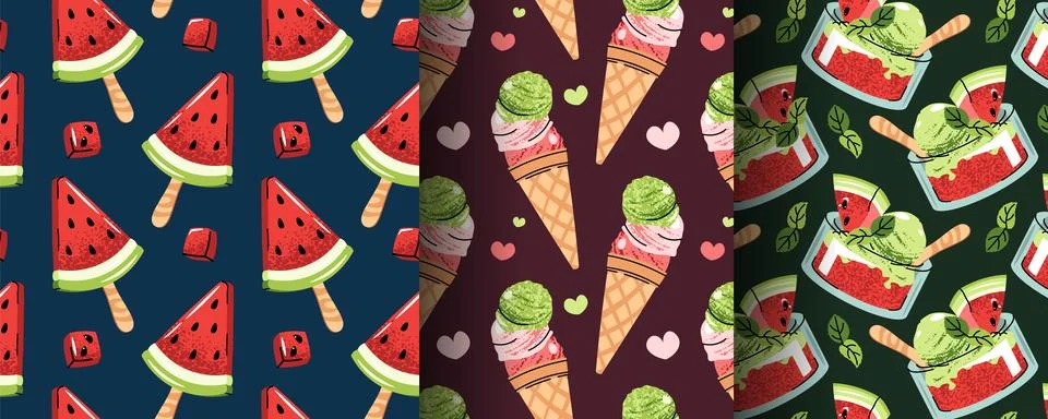 Set of Seamless Patterns with Watermelon Ice Cream, Sorbet and Summer Treat.. Stock Illustration
