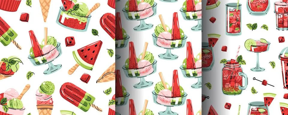 Set of Seamless Patterns with Watermelon Ice Cream and Summer Drinks in Fla.. イラスト素材