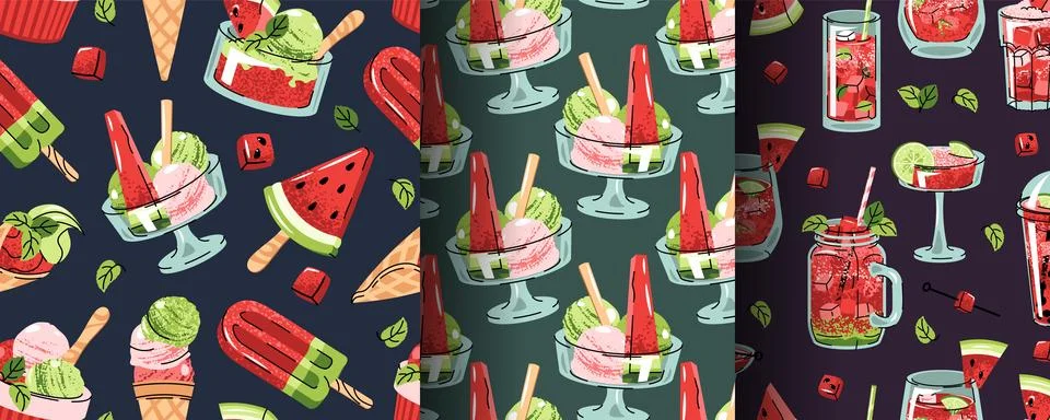 Set of Seamless Patterns with Watermelon Ice Cream and Summer Drinks in Fla.. Stock Illustration