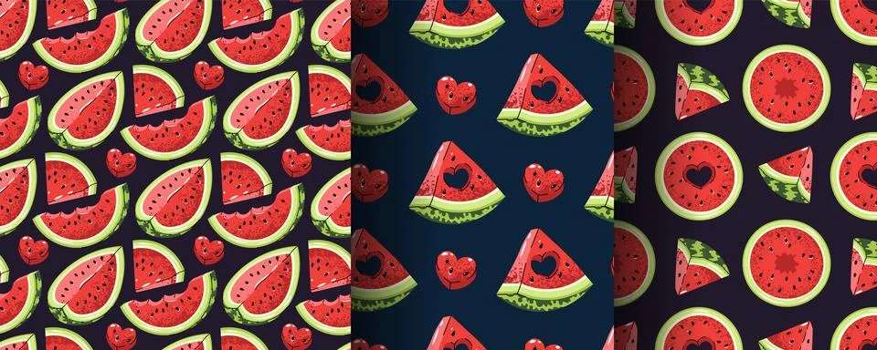 Set Of Seamless Patterns With Watermelon Slice And Carved Heart In Flat Sty.. Stock Illustration