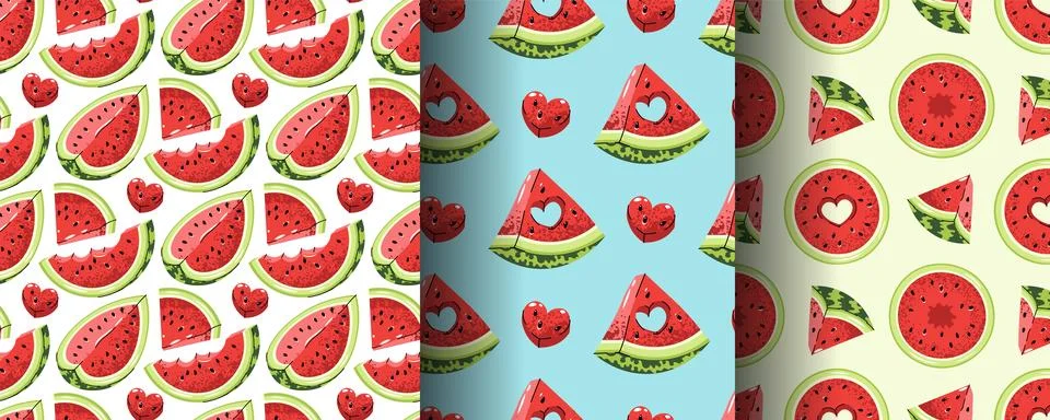 Set Of Seamless Patterns With Watermelon Slice And Carved Heart In Flat Sty.. Stock Illustration