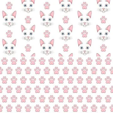 Set of seamless patterns with white cat face and paw prints. Stock Illustration