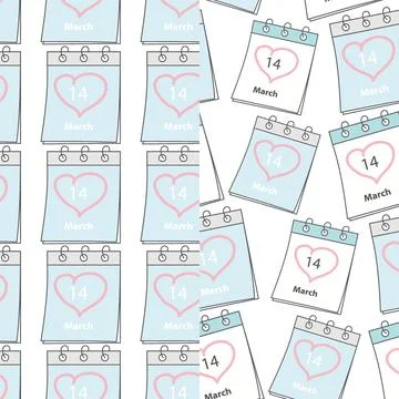 Set of seamless patterns with White Day date calendar pages March 14 and heart Illustrazione stock